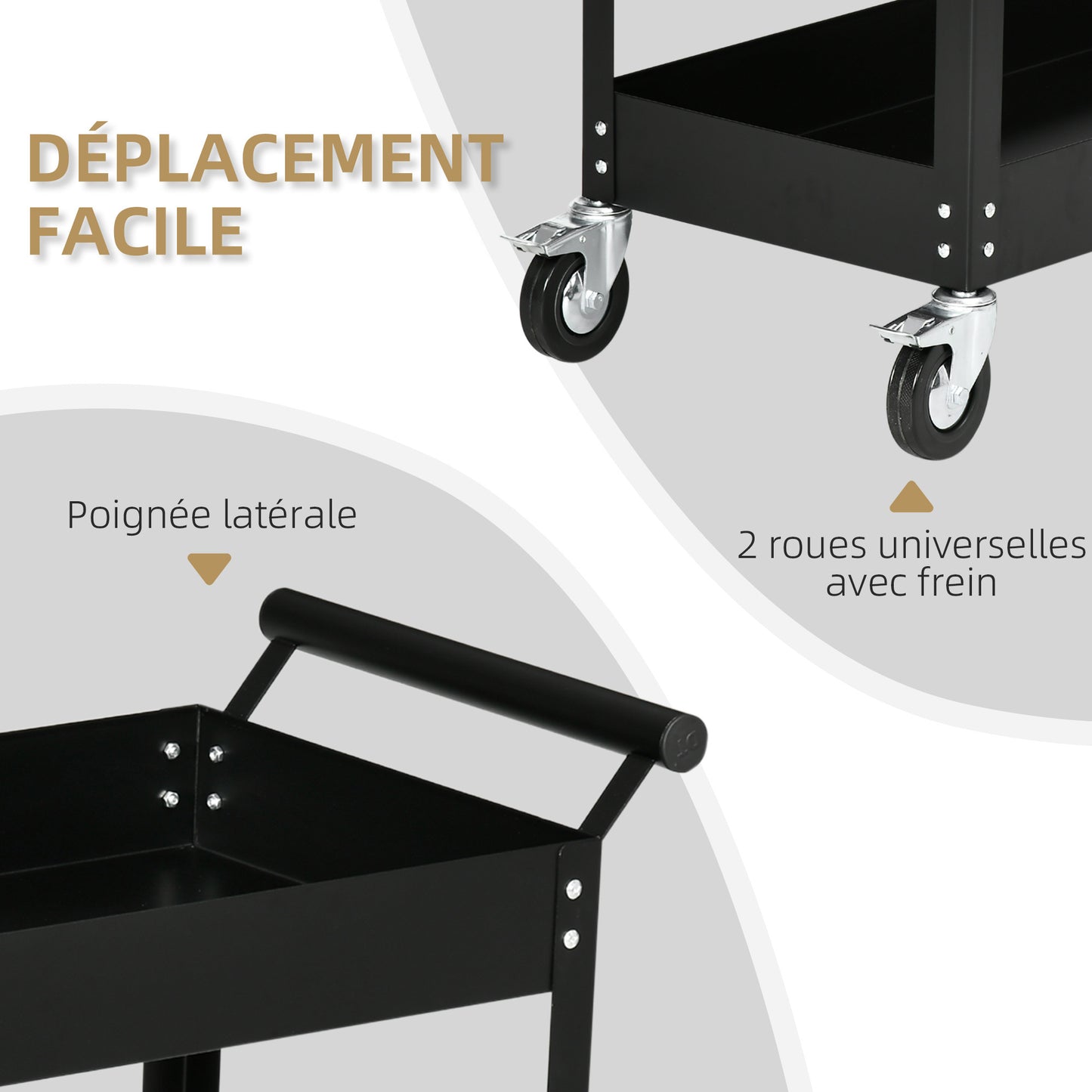 Werkplaatswagen – Gereedschapswagen – Werkplaatskar – Trolley – Opbergwagen – 2 Planken – Staal – Max. 150 kg – Zwenkwielen – Handgreep – Compact 84,5x38x84 cm – Zwart