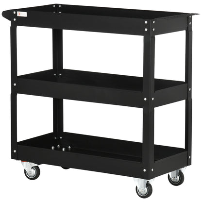 Werkplaatswagen – Gereedschapswagen – Werkbankwagen – Trolley – Opbergrek – Stalen 3-Planken Karren – Max. Belastbaar 150 Kg – Zwart Met Handvat Op Wielen 83x35,3x76 cm