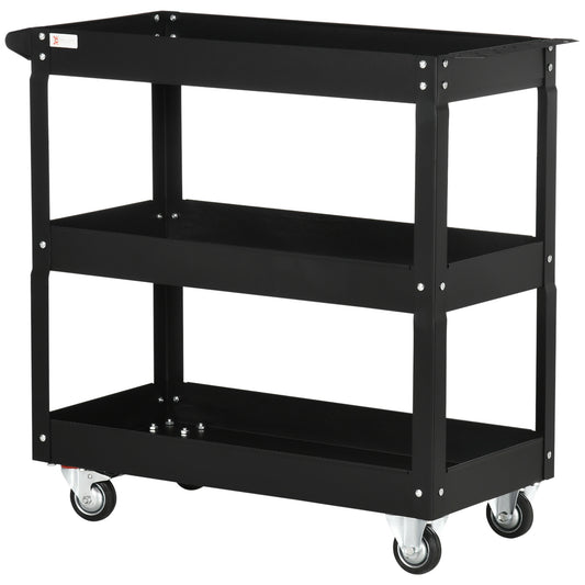 Werkplaatswagen – Gereedschapswagen – Werkbankwagen – Trolley – Opbergrek – Stalen 3-Planken Karren – Max. Belastbaar 150 Kg – Zwart Met Handvat Op Wielen 83x35,3x76 cm