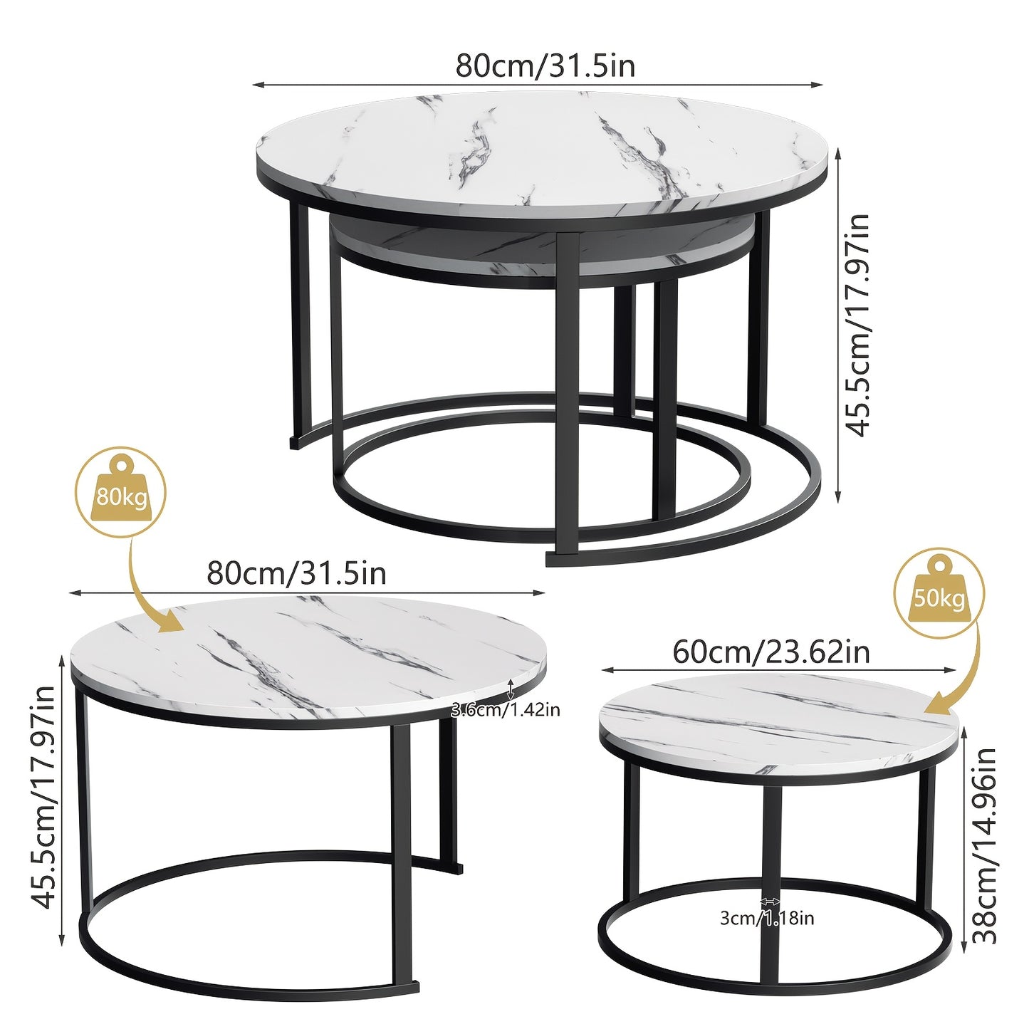Salontafel – Bijzettafel – Woonkamertafel – Koffietafel – Nestbare Tafelset – Wit Marmerlook – Zwart Metalen Frame