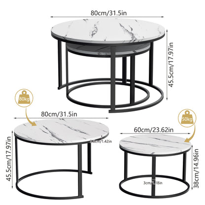 Salontafel – Bijzettafel – Woonkamertafel – Koffietafel – Nestbare Tafelset – Wit Marmerlook – Zwart Metalen Frame
