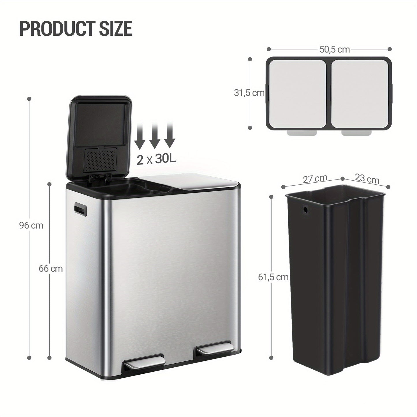 Rubbish Bin, Kitchen Pedal Bin, 60L ( 2 X 30 L ), Stainless Steel Waste Sorting System, Silent Slow Lid Closure, With 15 Exclusive Bags, Silver - QUORE