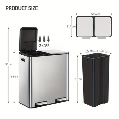 Rubbish Bin, Kitchen Pedal Bin, 60L ( 2 X 30 L ), Stainless Steel Waste Sorting System, Silent Slow Lid Closure, With 15 Exclusive Bags, Silver - QUORE