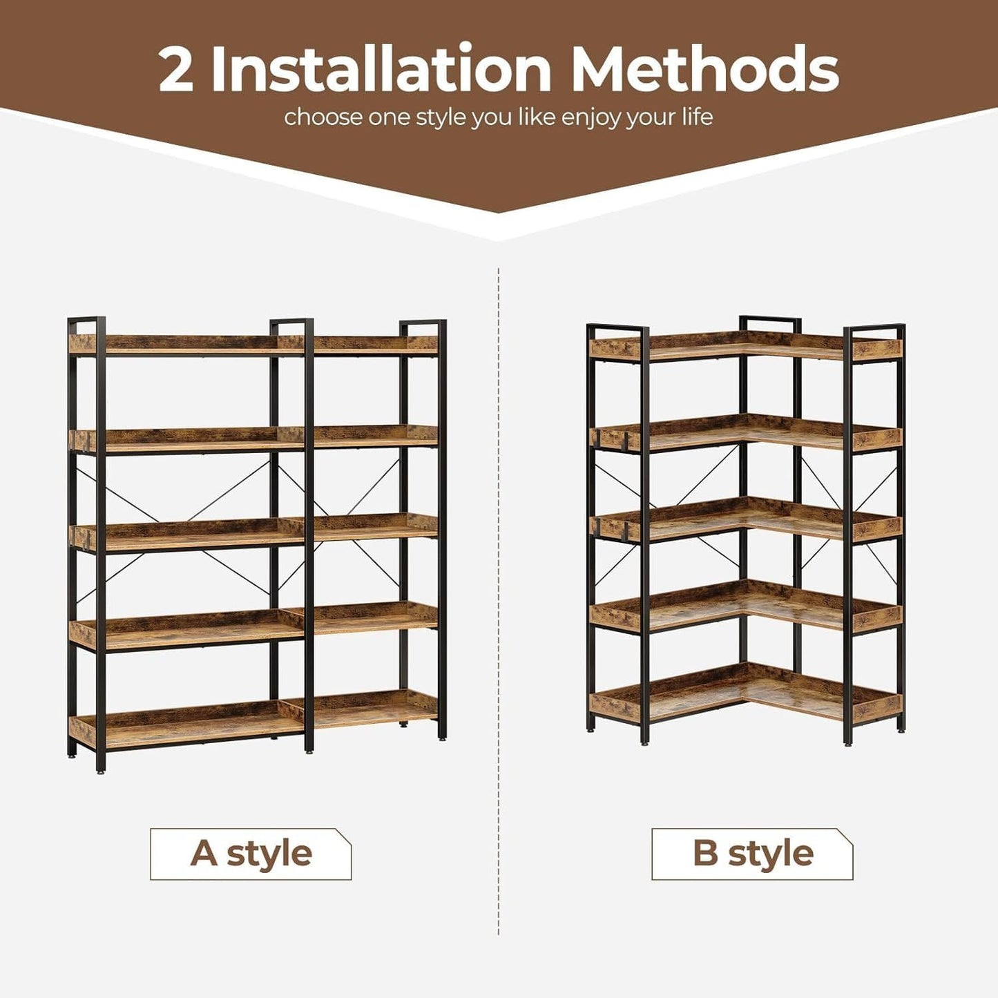 5-Tier L-Shaped Corner Bookshelf Heavy-Duty Metal Space-Saving Tall Shelf with 4 Hooks, Curved Corner Shelves for Books & Decor, Assembly, Brown - Suitable for Bedroom, Living Room, Office, Vertical Unit