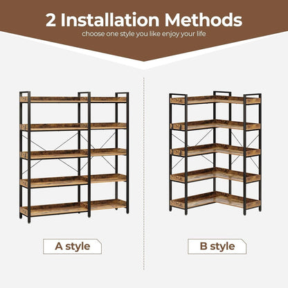 5-Tier L-Shaped Corner Bookshelf Heavy-Duty Metal Space-Saving Tall Shelf with 4 Hooks, Curved Corner Shelves for Books & Decor, Assembly, Brown - Suitable for Bedroom, Living Room, Office, Vertical Unit
