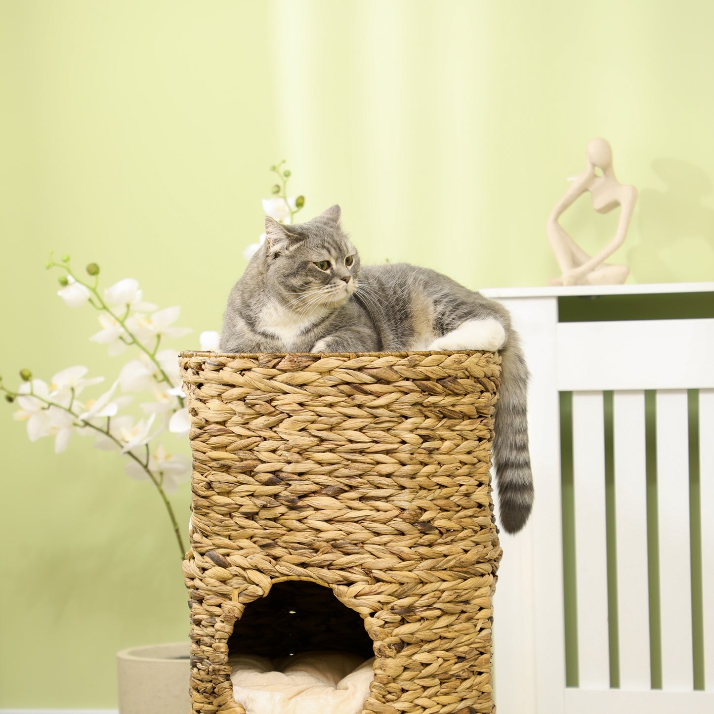 Kattenhol – Kattenhuis – Kattenmand – Kattenhuisje – Kattenhut – Boho Design – 3 Niveaus Met Kussen – Ø40 x 73 cm Lichtbruin & Crème Wit