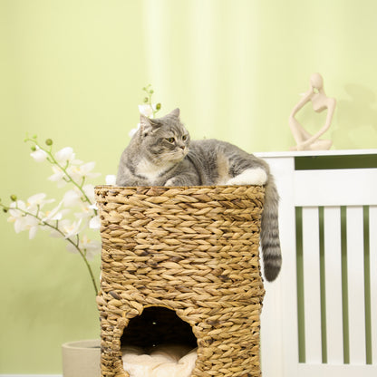 Kattenhol – Kattenhuis – Kattenmand – Kattenhuisje – Kattenhut – Boho Design – 3 Niveaus Met Kussen – Ø40 x 73 cm Lichtbruin & Crème Wit