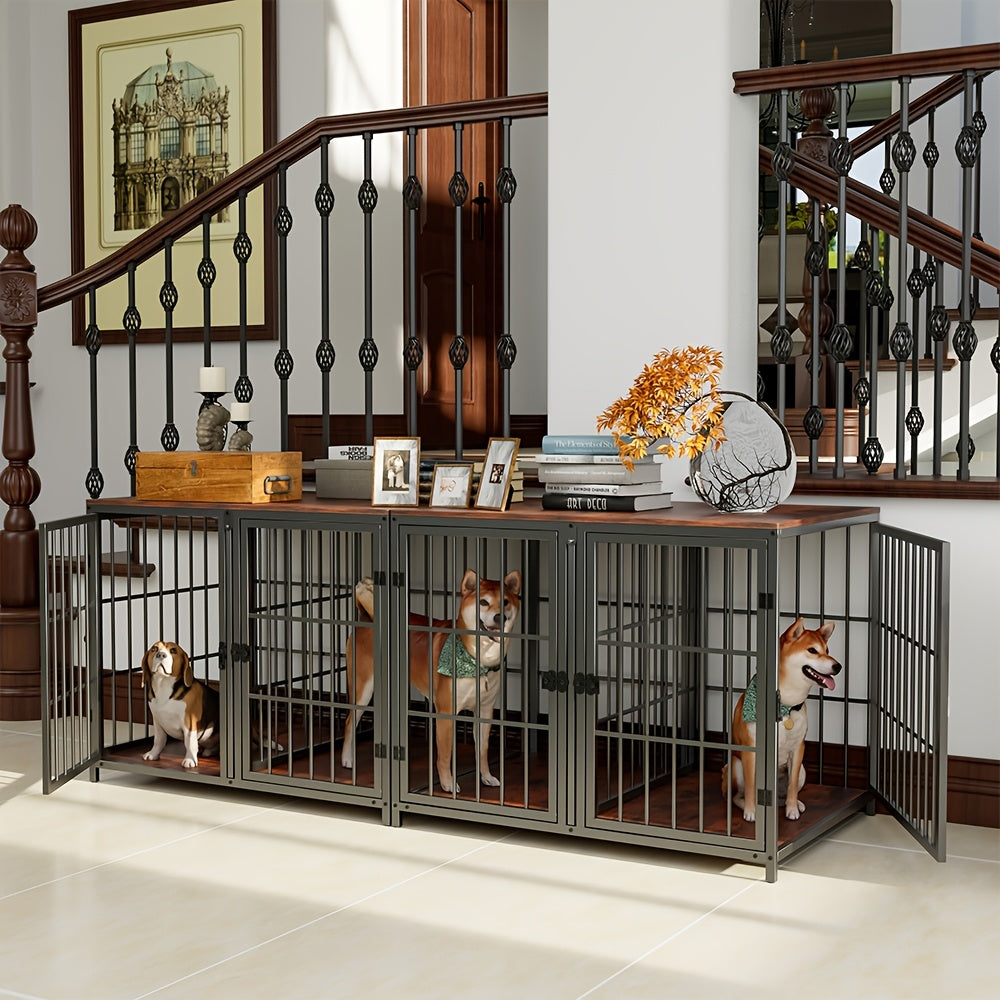 Hondenbench – Hondenkooi – Hondenmand – Puppyren – 90x62x68,5 CM – Stevig IJzeren Frame Met Houten Afwerking – Vier Deuren Met Tussenschot