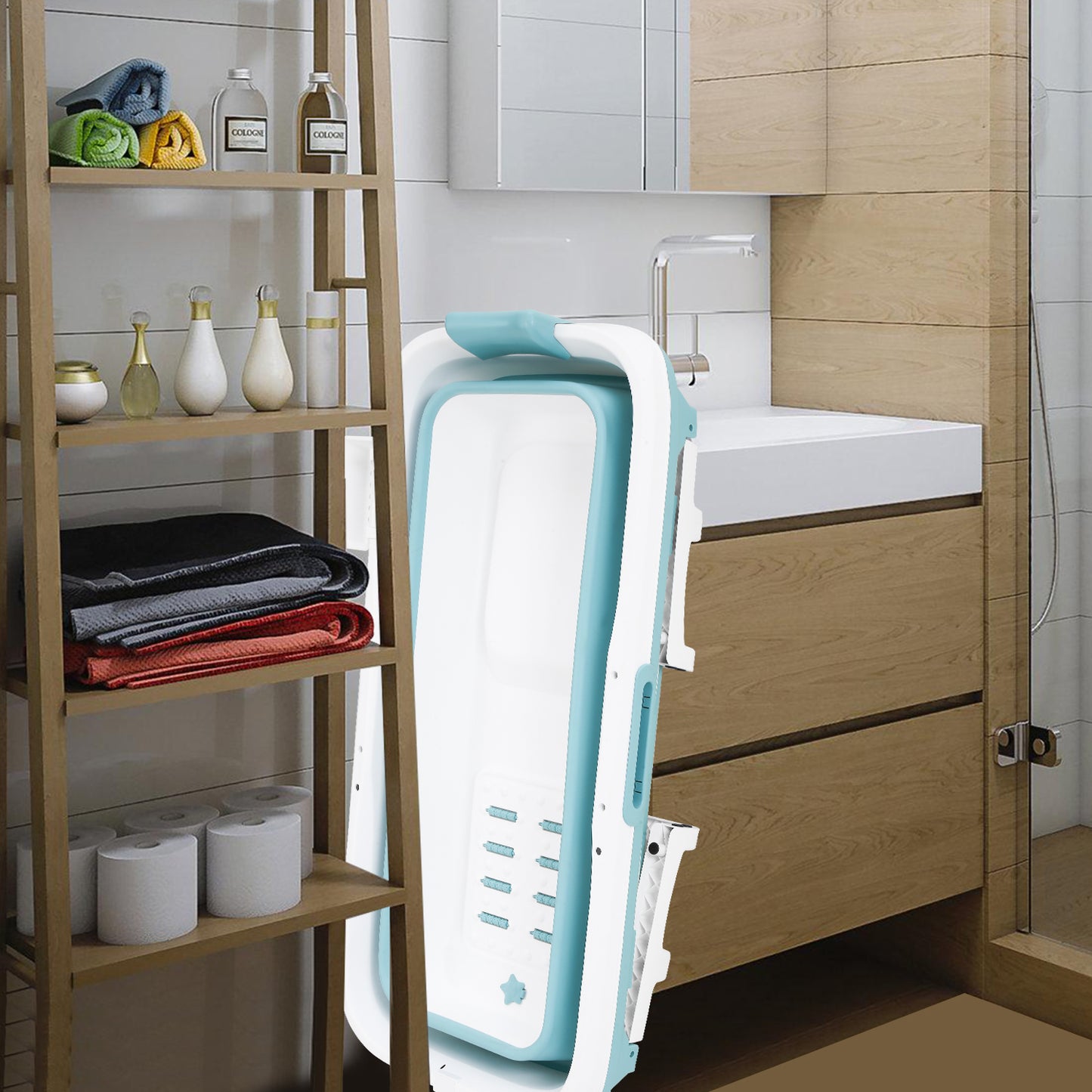 Opvouwbare Badkuip – Vouwbaar Bad – Draagbare Badkuip – Compact Bad – Badkuip Voor Kleine Badkamer – XL 132 cm – Duurzaam PP & TPE Materiaal – Inclusief Badplank En Zeeprandje