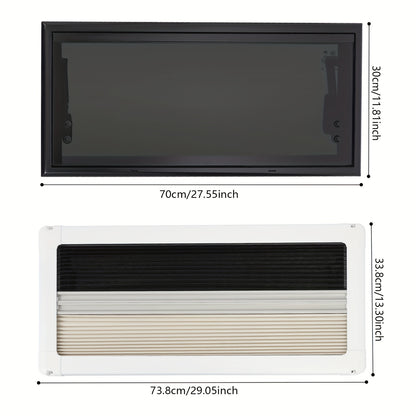 Uitschuifbaar Raam Caravan – Camperraam – Schuifraam – Ventilatieraam – Raam Met Hor – Donker Getint Glas – Aluminium Frame – Maximale Opening 85° – Insectenwering