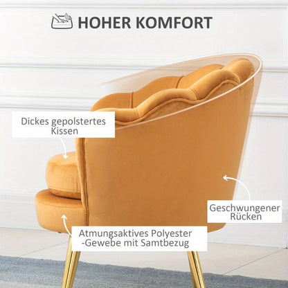 Shell Shape Fauteuil – Loungestoel – Accentstoel – Make-up Kruk – Zitstoel – Gele Velours Bekleding – Metalen Poten – Compact Design