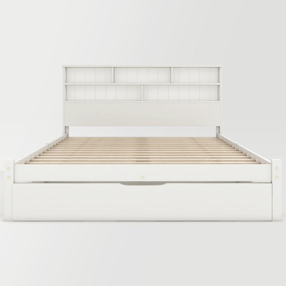Beddenkasten – Bed Met Opbergruimte – Tweepersoonsbed – Ledikant – Slaapbank – Wit Modern Tweepersoonsbed 140x200 cm – Opberglades Onder Bed – Hoofdbord Met 6 Vakken