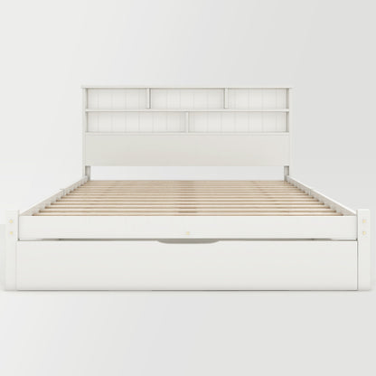 Beddenkasten – Bed Met Opbergruimte – Tweepersoonsbed – Ledikant – Slaapbank – Wit Modern Tweepersoonsbed 140x200 cm – Opberglades Onder Bed – Hoofdbord Met 6 Vakken