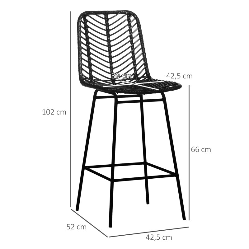 Barkruk – Barstoel – Bistrohocker – Keukenstoel – Barstoel Zwarte Set van 2 – Stalen Frame – Rattan Zitting – Hoogte 102 cm – Max. 120 kg draagvermogen