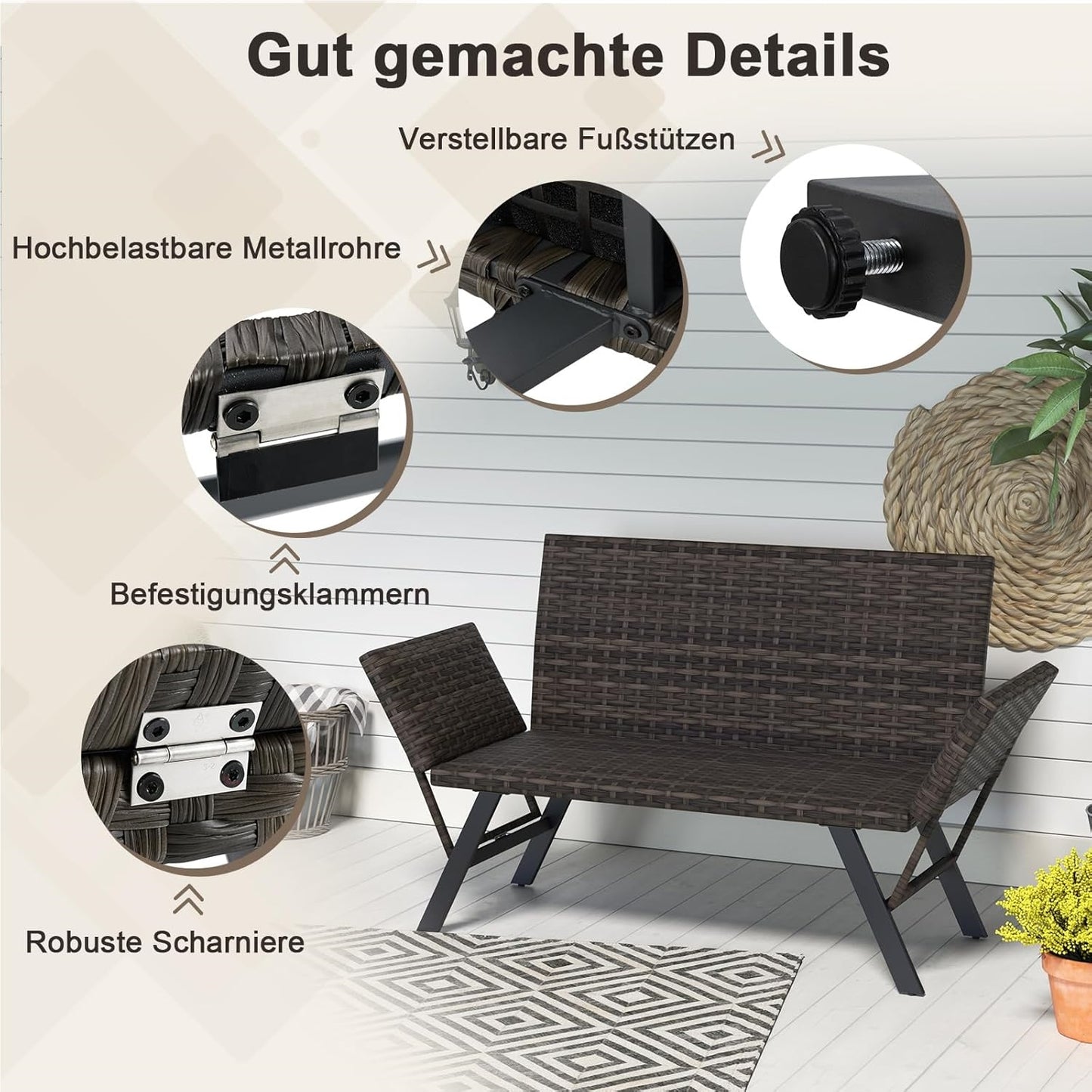 Polyrattan Tuinbank – Tuinbankje – Balkonbank – Buitenbank – Tuinbank Met Verstelbare Armleuningen – Met Sneldrogend Schuimkussen & Verstelbare Rugleuning – 178 x 59 x 89 cm – Grijs
