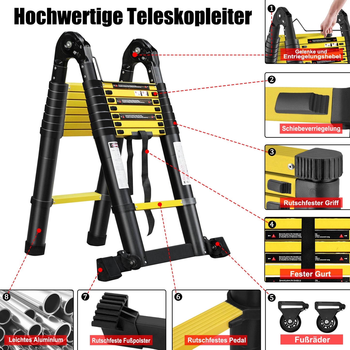 Telescopische Ladder – Uitschuifladder – Vouwladder – Aluminium Ladder – Uitklapbare Ladder – Max 3,8 Meter – Lichtgewicht Aluminium – Balansbalk Met Wielen