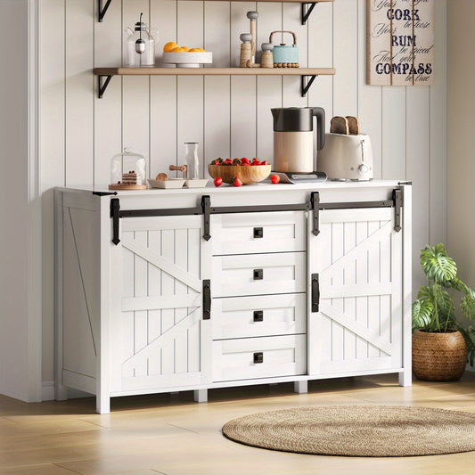 Dressoir – Sideboard – Opbergkast – Kasten – Buffetkast – Retro Design – 137 cm Breed – 4 Lades & Schuifdeuren – Wit