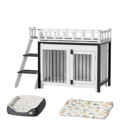 Hondenhok – Hondenhuis – Hondenkennel – Huisdierhuis – Hondenbench – Dubbel Houten Huisje Met Trap – Geschikt Voor Middelgrote En Grote Honden – Duurzaam Wit Design 120x56x65 cm