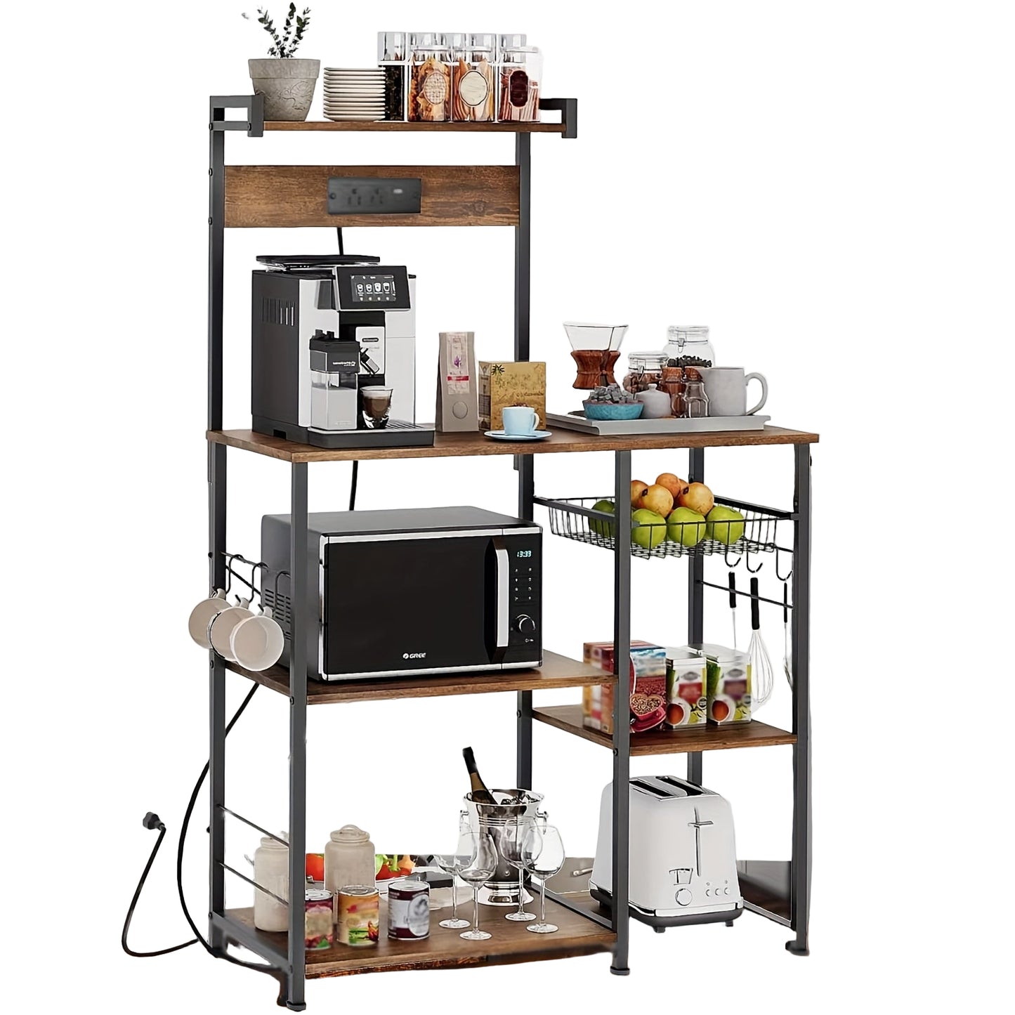 Keukenrek – Keukentrolley – Opbergrek – Keukenorganizer – Kast Organizer – Vier Lagen – Metalen Frame – Walnootkleurige Afwerking