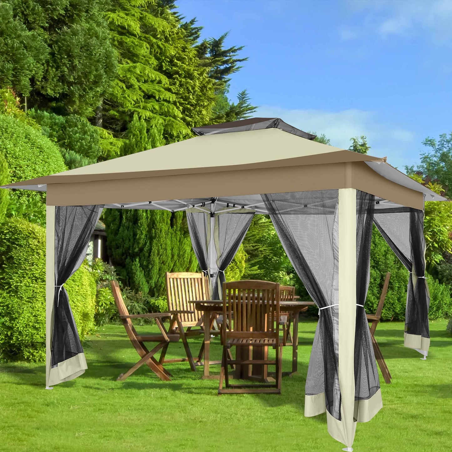 3.6*3.6m Outdoor Gazebo Pop Up Gazebo Canopy With Mosquito Netting Patio Gazebo Canopy Tent Backyard Canopy With 2-Tiered Vented Top 3 Adjustable Height And 144 Square Ft Of Shade