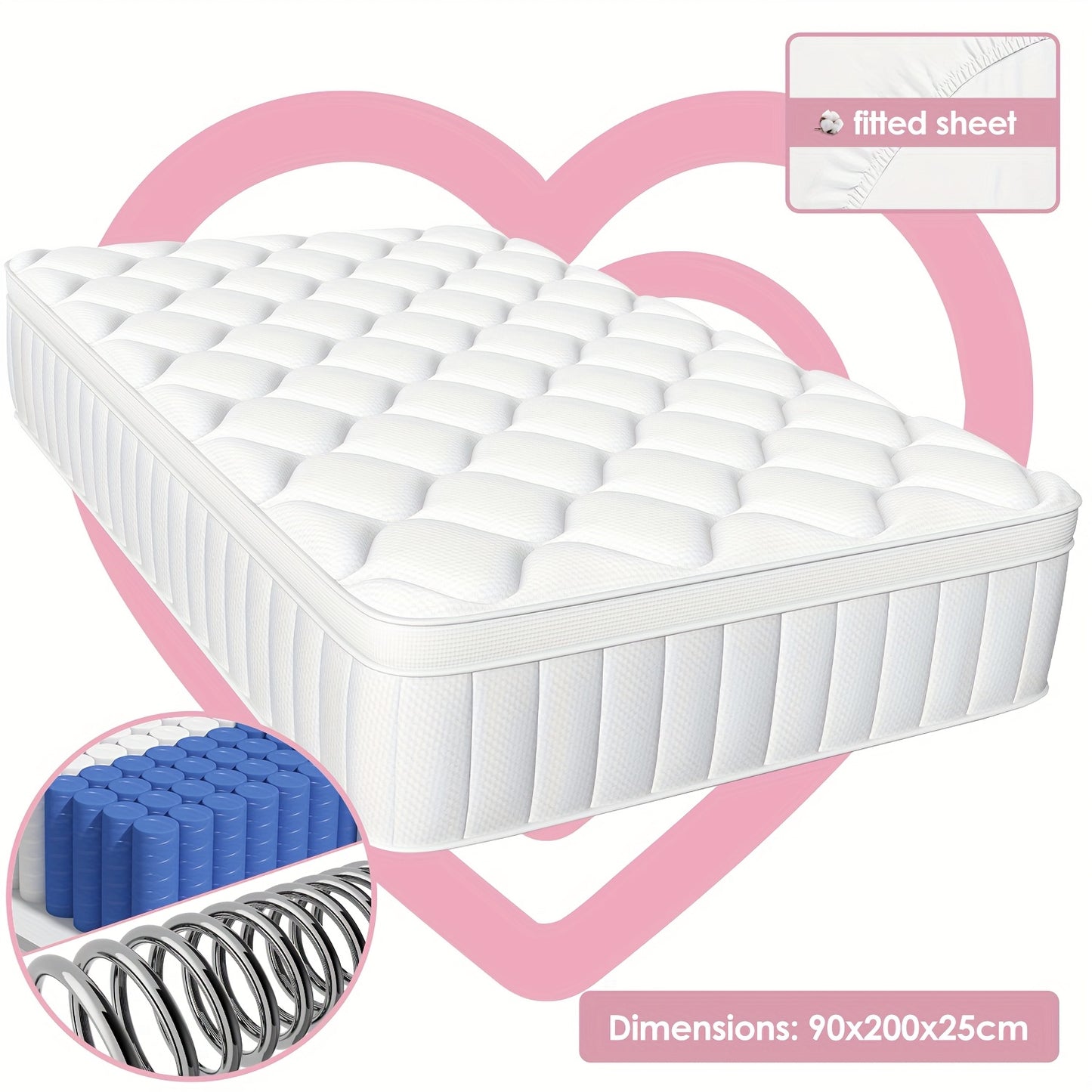 Pocketvering Matras – Binnenvering Matras – Innerspring Matras – 7-Zones Matras – Medium Stevig Matras – 90x200 cm – Ademend Katoenen Hoes – Bewegingsisolatie
