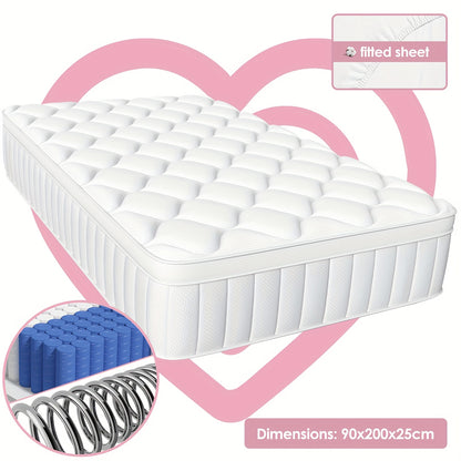Pocketvering Matras – Binnenvering Matras – Innerspring Matras – 7-Zones Matras – Medium Stevig Matras – 90x200 cm – Ademend Katoenen Hoes – Bewegingsisolatie