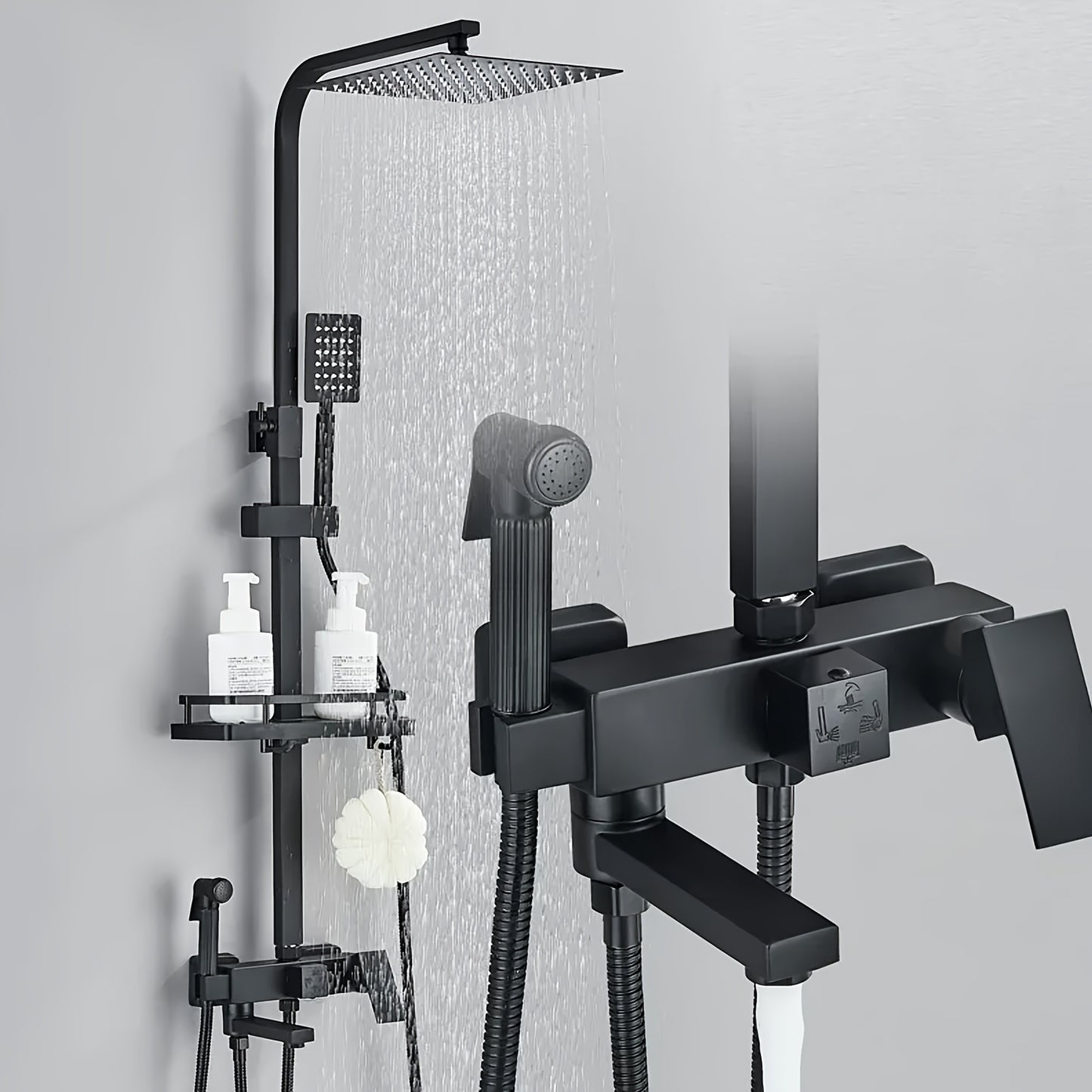Matzwarte Doucheset – Douchepakket – Regendouche – Handdouche – Badkraan – 30,48 cm Vierkant – Messing – Dual-Function – Wandmontage – Verstelbare Plank – Geen Elektriciteit Nodig