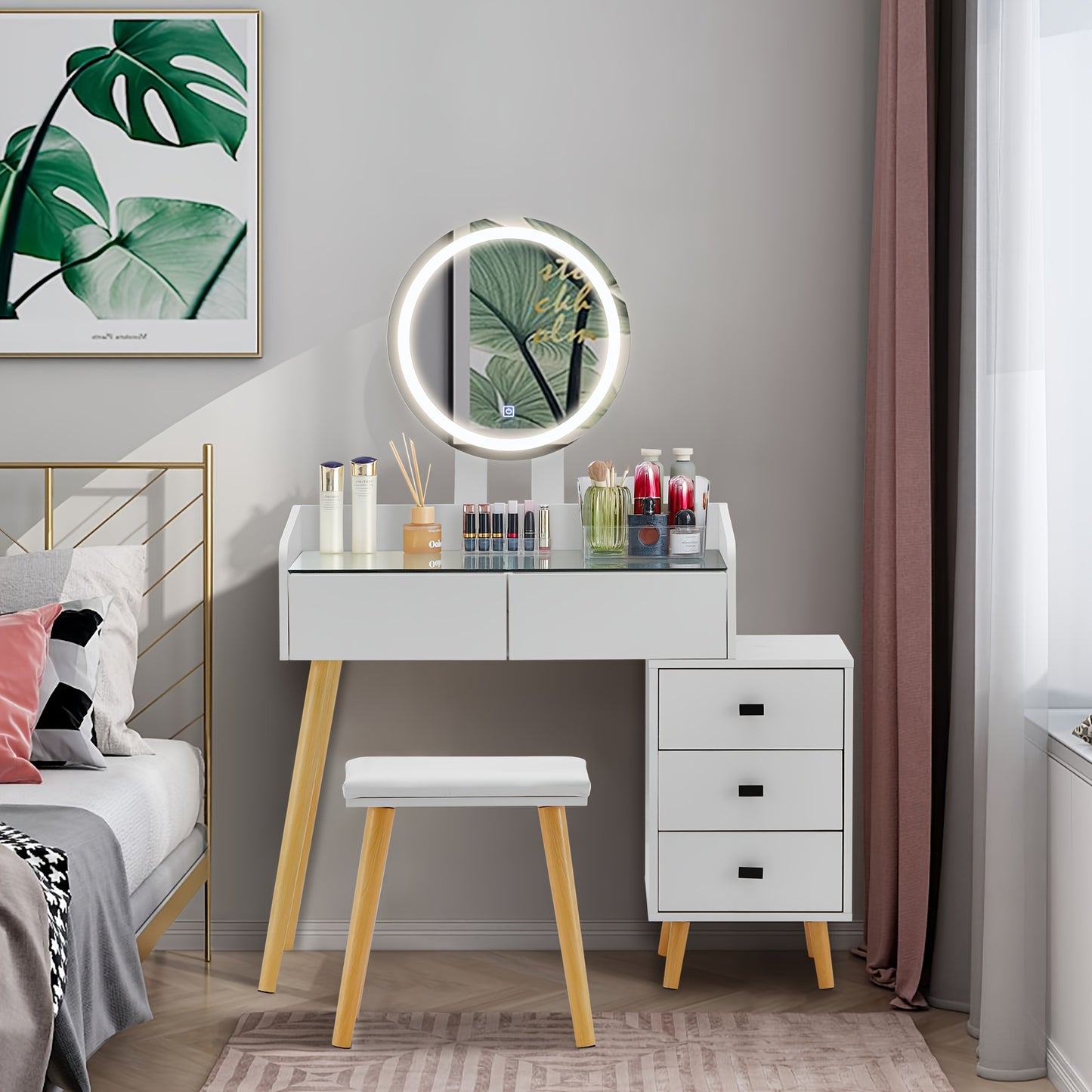 Make-uptafel – Dressing Table – Make-up Bureau – Schminktisch – Vanity Desk – Gehard Glas Blad – Ruime Opberglade – Gevoerde Kruk – Compact Design