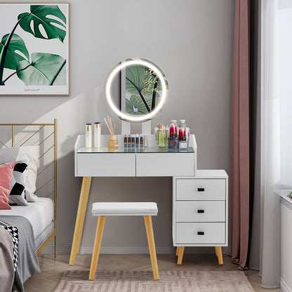 Make-uptafel – Dressing Table – Make-up Bureau – Schminktisch – Vanity Desk – Gehard Glas Blad – Ruime Opberglade – Gevoerde Kruk – Compact Design
