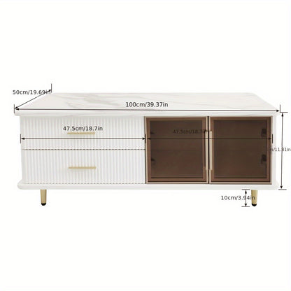 Salontafel – Koffietafel – Bijzettafel – Lounge Tafel – Woonkamertafel – Marmerprint Tafelblad – Gouden Accenten – Opberglades met Golvend Patroon – Getemperd Glas – Hoogwaardig Spaanplaat