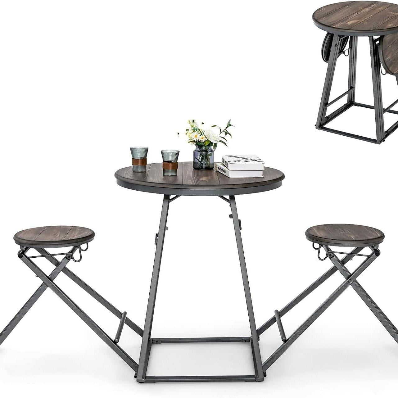Barset – Opvouwbare Bartafel – Barkrukset – Keukenbar – Compact Eettafelset – Ruimtebesparend Ontwerp – Stabiel Metaal Frame – Grijs Houtnerf