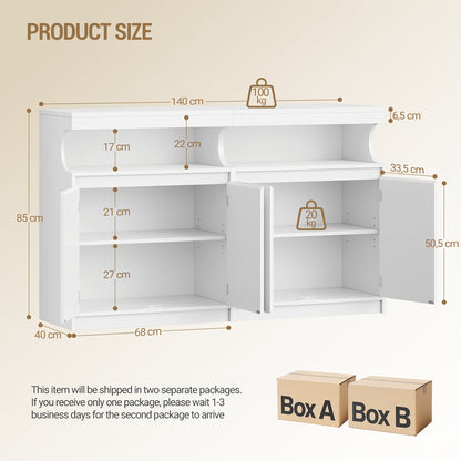 Dressoirkast – Dressoir – Opbergkast – Ladekast – Commode – Wit – 140 cm Breed – 5 Verstelbare Planken