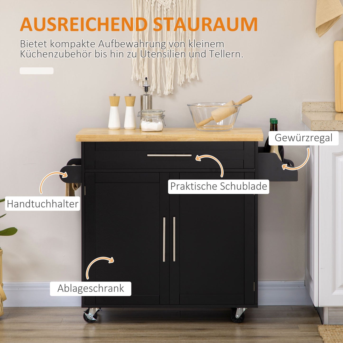 Keukentrolley – Serveerwagen – Keukenwagen – Opbergtrolley – Keukenrek – Met Kruidenrek & Handdoekhouder – Zwart MDF & Rubber Werkblad 109x40x89 cm