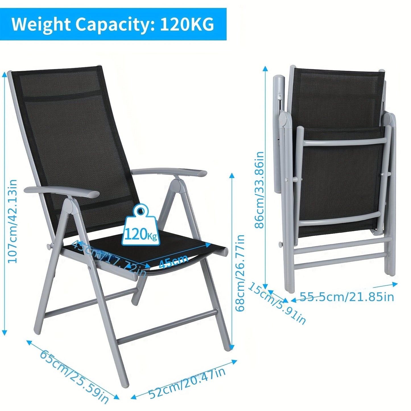 Opvouwbare Stoel – Klapstoel – Campingstoel – Tuinstoel – Lichtgewicht Stoel – Aluminium Frame – Manueel Verstelbare Rugleuning – Zilvergrijs Zwart