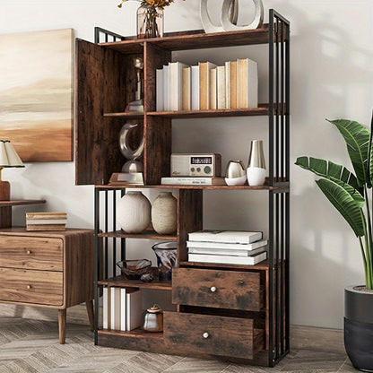 Boekenkast – Boekenrek – Opbergkast – Vakkenkast – Stellingkast – Industrieel Design – 6 Planken Met Deuren En Lades – Stalen Antiek Bruine Afwerking – Vloer Tot Plafond Hoogte