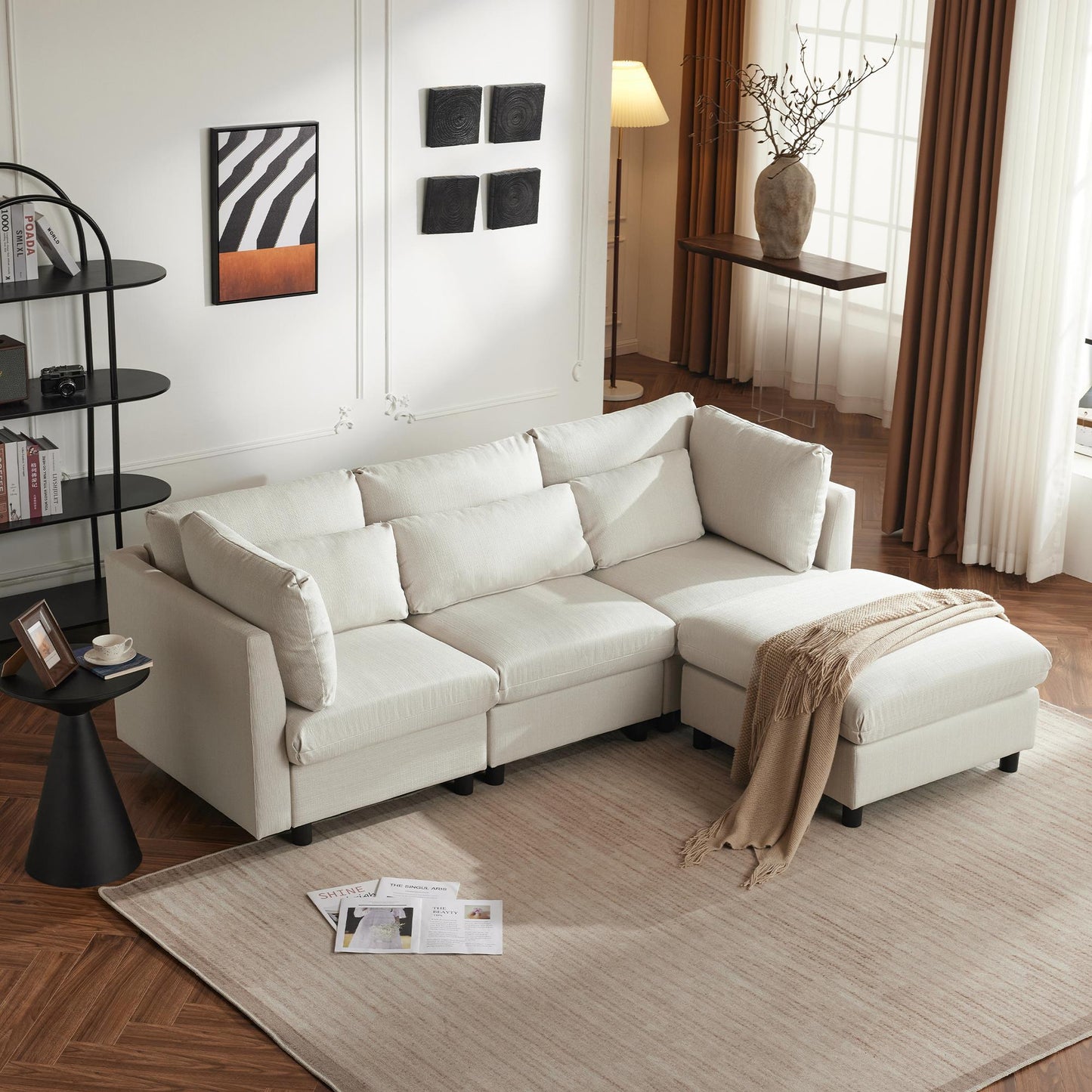 Hoekbank – Hoeksalon – Loungebank – Slaapbank – 3-Zitsbank – Katoen-Linnen Stof – Verwijderbare Voetenbank – Stevig Houten Frame – Comfortabele Kussens