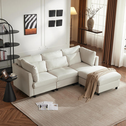 Hoekbank – Hoeksalon – Loungebank – Slaapbank – 3-Zitsbank – Katoen-Linnen Stof – Verwijderbare Voetenbank – Stevig Houten Frame – Comfortabele Kussens
