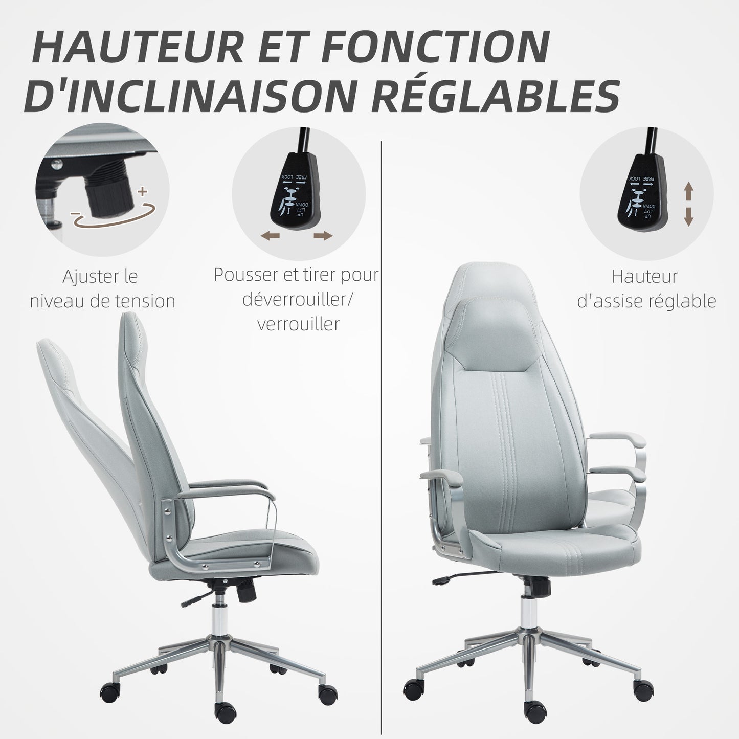 Ergonomische Bureaustoel – Bureaustoel – Werkstoel – Kantelstoel – Draaistoel – Verstelbare Hoogte – Kantelfunctie – Grijs – Microvezel – RVS Frame