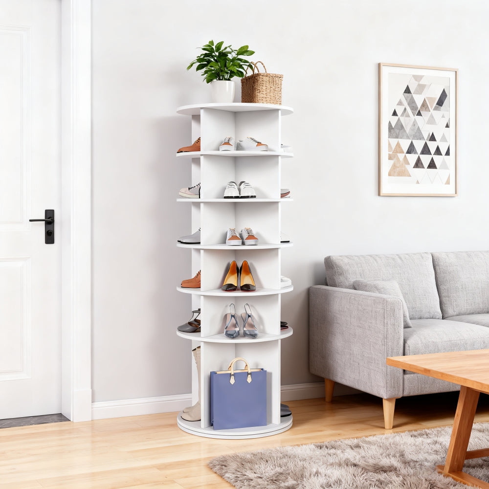 6-tier Rotating Shoe Rack | 360° Swivelling, Accommodates 24 Pairs of Shoes, Extra-High Base for Storing Boots, White, Metal, Floor Mount, Dimensions: 60x60x161cm