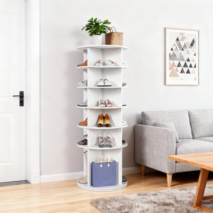 6-tier Rotating Shoe Rack | 360° Swivelling, Accommodates 24 Pairs of Shoes, Extra-High Base for Storing Boots, White, Metal, Floor Mount, Dimensions: 60x60x161cm