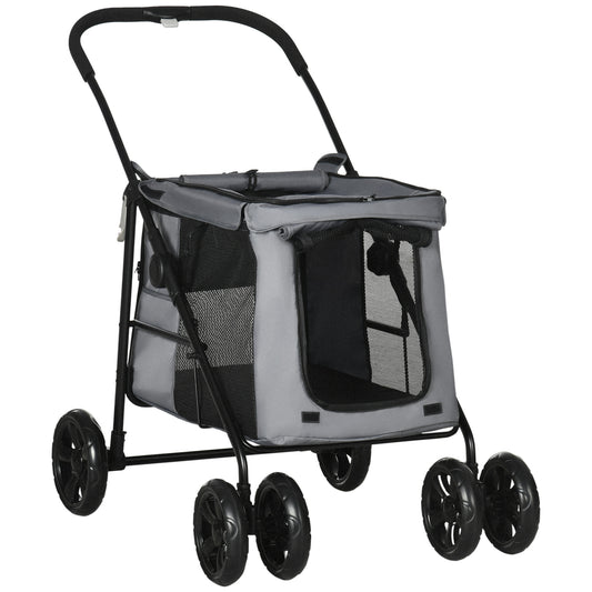 Hondenwagen – Hondenbuggy – Hondenwagen Opvouwbaar – Huisdierenwagen – Dierenwagen – Stevig Stalen Frame – Afneembaar Wasbaar Kussen – Grijs