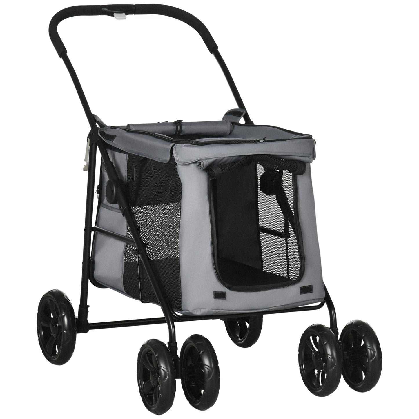 Dierenbuggy – Huisdierenwagen – Hondenwagen – Kattenbuggy – Dierenkar – Inklapbaar Ontwerp – Ventilerende Raampjes – Stalen Frame – Remwielen – Grijs