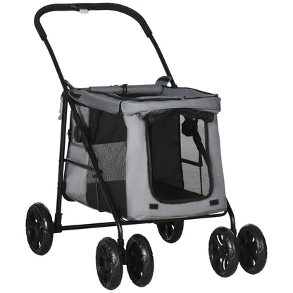 Dierenbuggy – Huisdierenwagen – Hondenwagen – Kattenbuggy – Dierenkar – Inklapbaar Ontwerp – Ventilerende Raampjes – Stalen Frame – Remwielen – Grijs