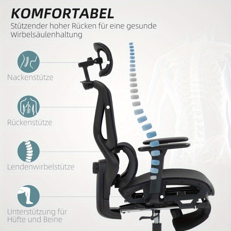 Bureaustoel – Ergonomische Stoel – Office Chair – Draaistoel – Kantoorstoel – Verstelbare Mesh Rugleuning – 3D Armleuningen & Lendensteun – Ademend Zwart – Kantelfunctie, Voetensteun & Jashanger