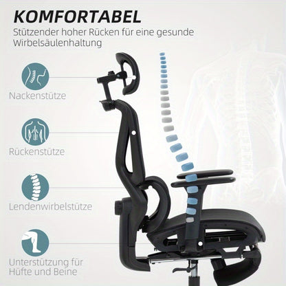 Bureaustoel – Ergonomische Stoel – Office Chair – Draaistoel – Kantoorstoel – Verstelbare Mesh Rugleuning – 3D Armleuningen & Lendensteun – Ademend Zwart – Kantelfunctie, Voetensteun & Jashanger