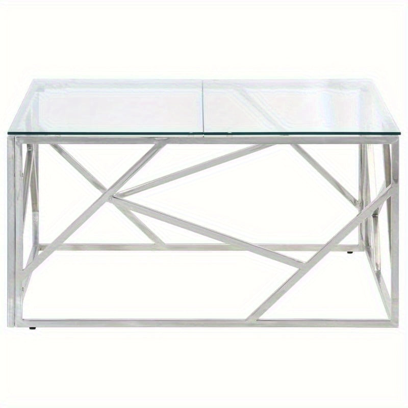Salontafel – Bijzettafel – Woonkamertafel – Koffietafel – Tafeltje – Roestvrijstaal Frame – Gehard Glas – Zilverkleurig – Stevig & Duurzaam – Compact Formaat