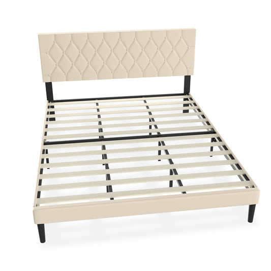 Bedframe – Logeerbed – Metalen Bed – Gestoffeerd Bed – Lattenbodem – Kunstleren Hoofdbord – 12 Latten – Max Draagkracht 300 kg – Modern Design – Beige 159,99 cm