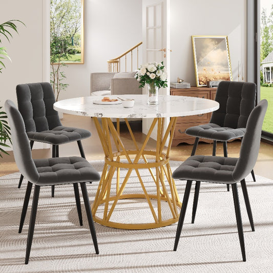 Eettafelset – Eettafel En Stoelen – Eethoek – Keukentafel – Dinerset – Uitschuifbare Tafel 120-160 cm – Donkergrijze Fluwelen Stoelen