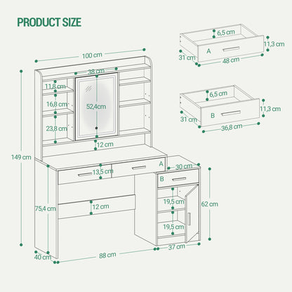 Kaptafel – Make-uptafel – Schminktisch – Verzorgingstafel – Dressing Table – Wit – Ruim Werkblad 130 cm – 3 Lades + Kast