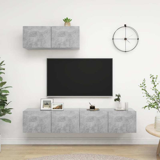 3pcs Modern Concrete Gray TV Stand with Storage Cabinet - Heavy-Duty Hardwood Construction, Freestanding Floor Cabinet with Open & Closed Shelving, Space-Saving Design for Living Room, Bedroom, Home Office - Sturdy Media Cons